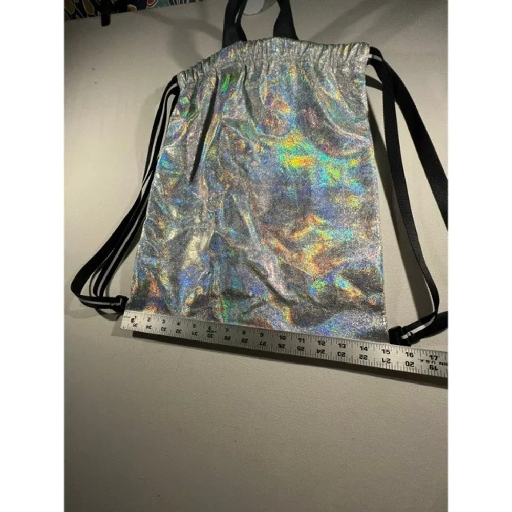 PINK Drawstring Backpack Womens OS Silver Holographic Excellent Iridescent Logo